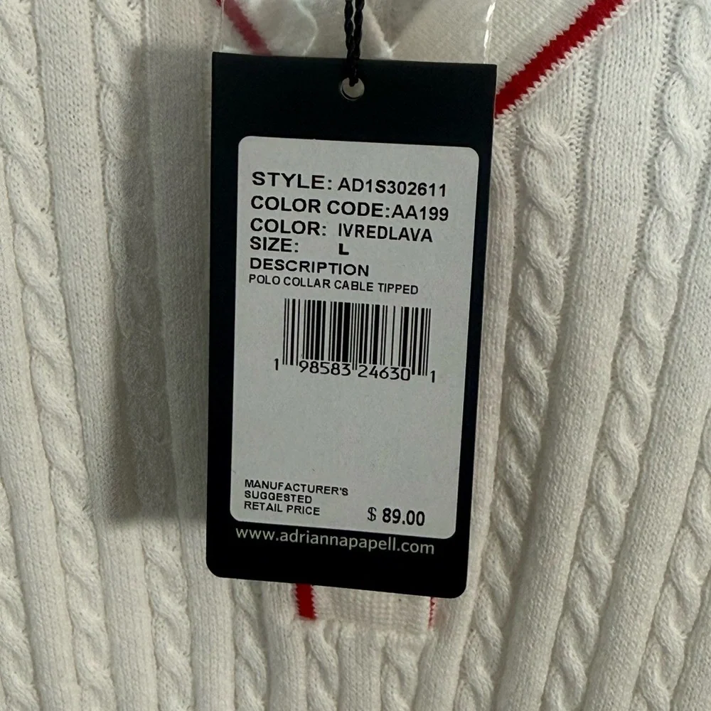 Adrianna Papell Cable Knit Polo Collar Top White Red Trim Size L NWT - Picture 5 of 6